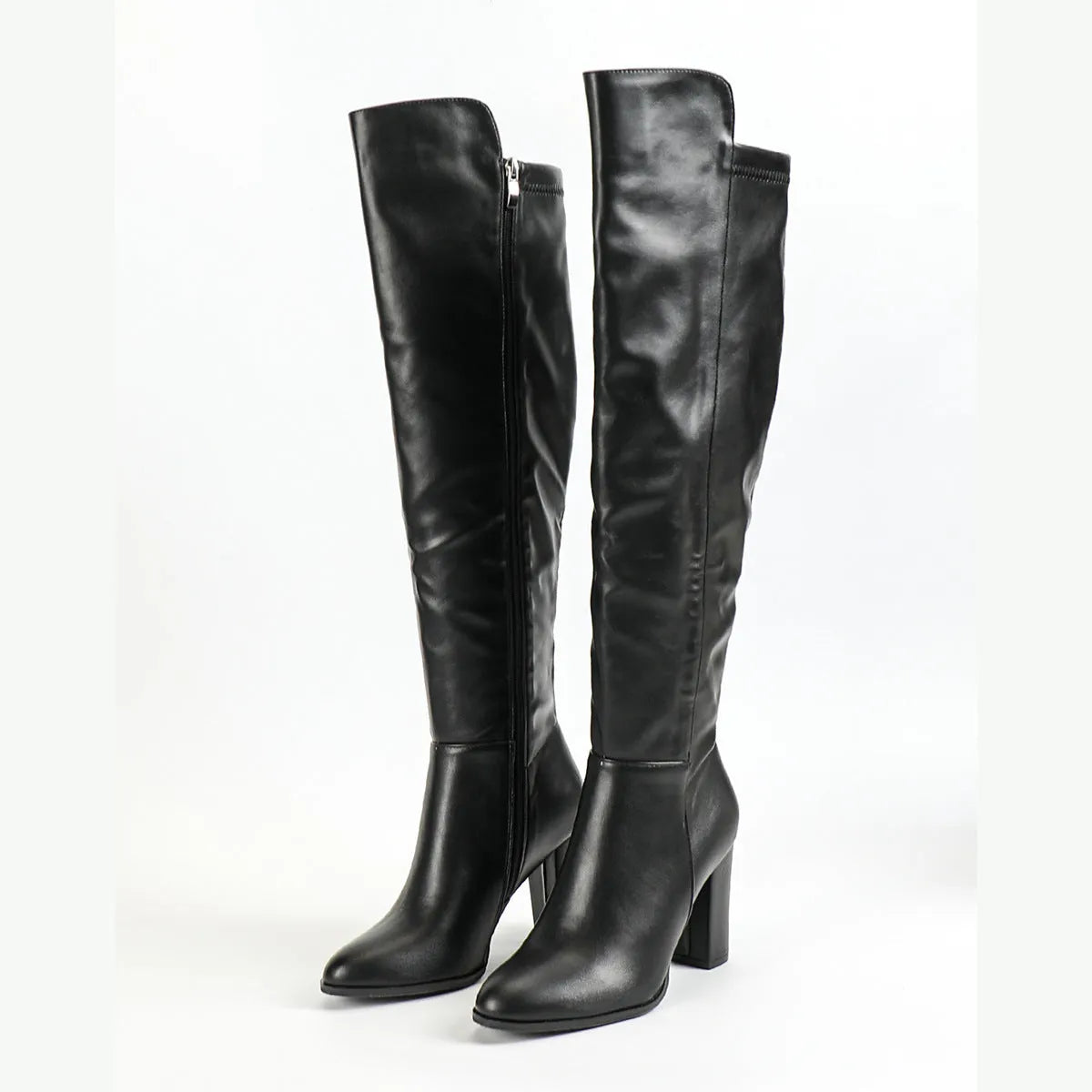 Women's black side zipper pointed toe chunky heel long boots with artificial PU upper, sizes 36-43