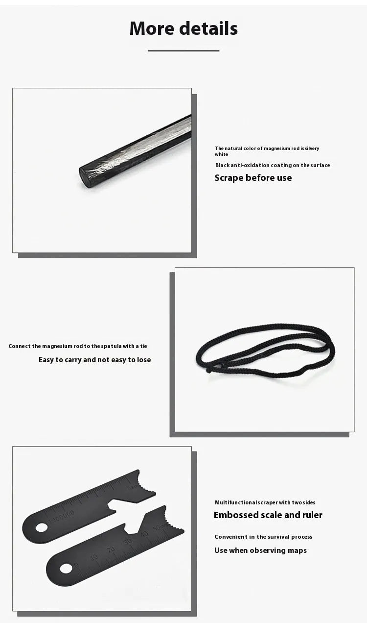 Outdoor camping multifunctional flint in black, 13cm magnesium rod with stainless steel scraper and survival whistle