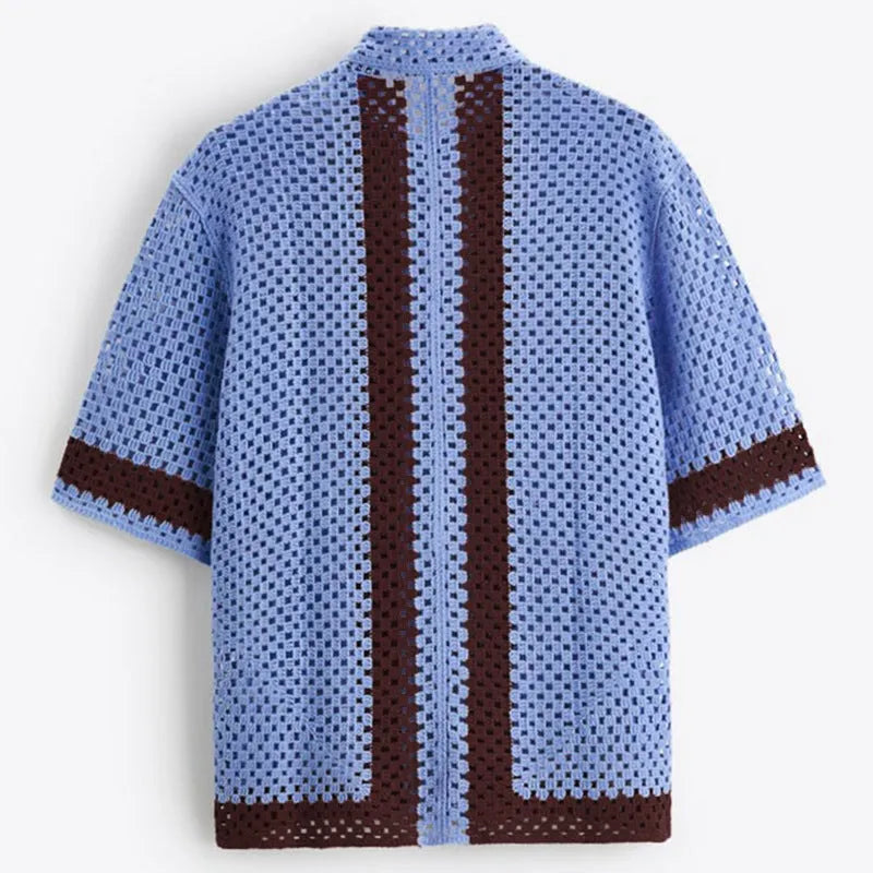 Men's blue hollow knit viscose short sleeve cardigan on a plain background