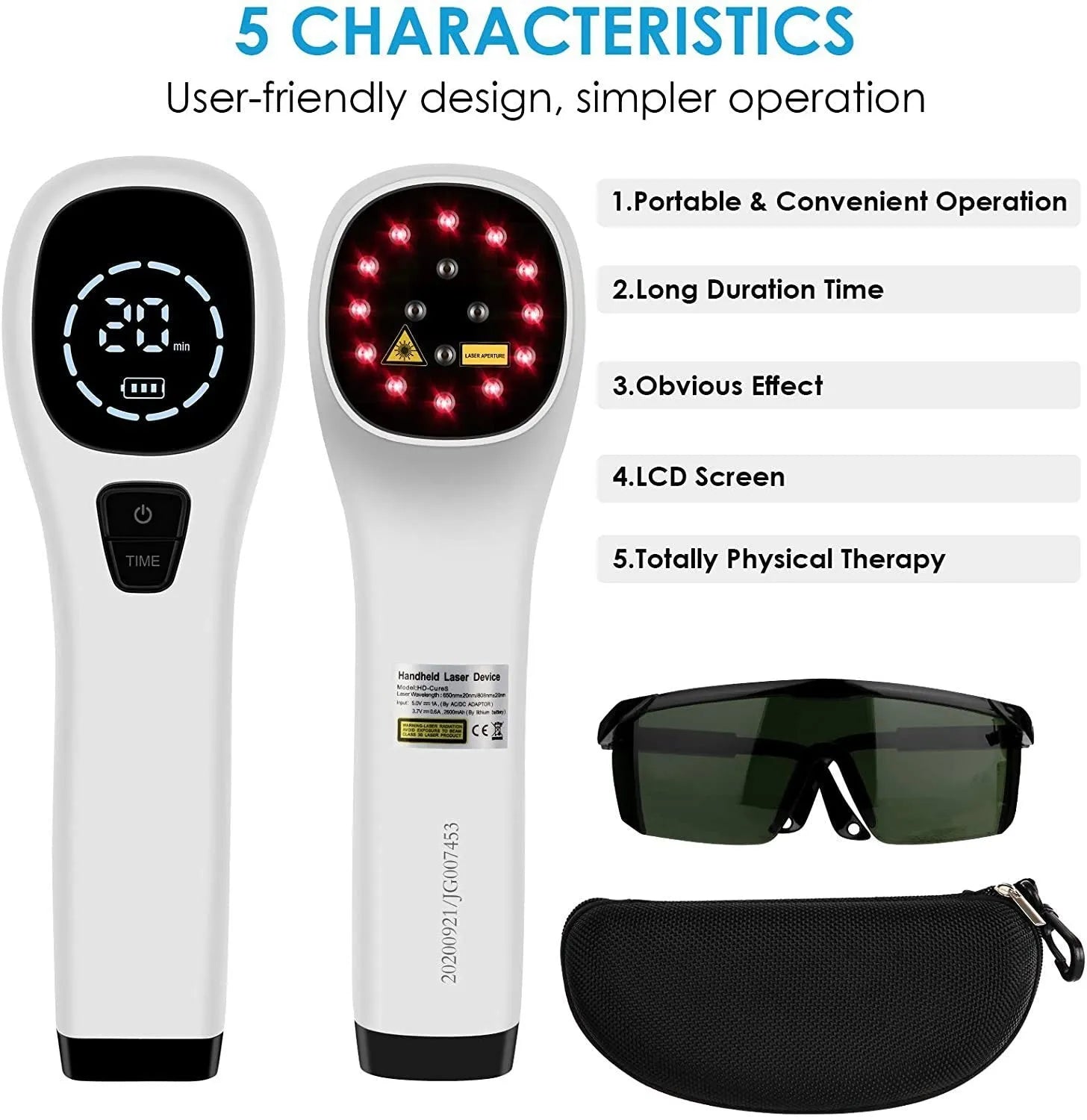 Hand-held red light therapy device in black and white with LED array, USB cable, and safety glasses on a surface