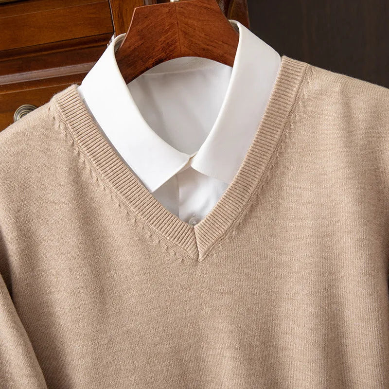 Men's V-neck knitted sweater in viscose blend, ribbed hem, available in multiple colours including grey and navy