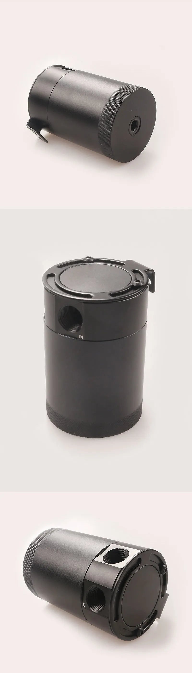 Aluminium automotive oil can with two-hole design in black or silver
