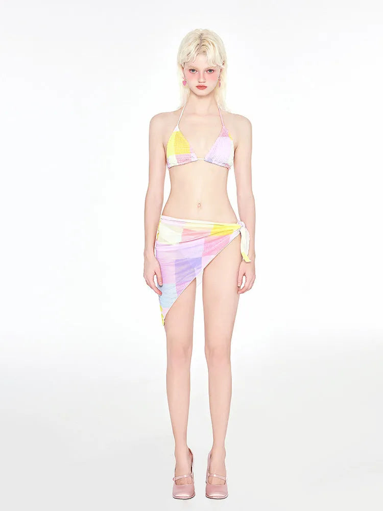 Rainbow pink triangle bikini set with wireless cup and chest pad on beach