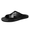 Men's genuine leather slip-on beach sandals in black with pigskin upper and rubber sole
