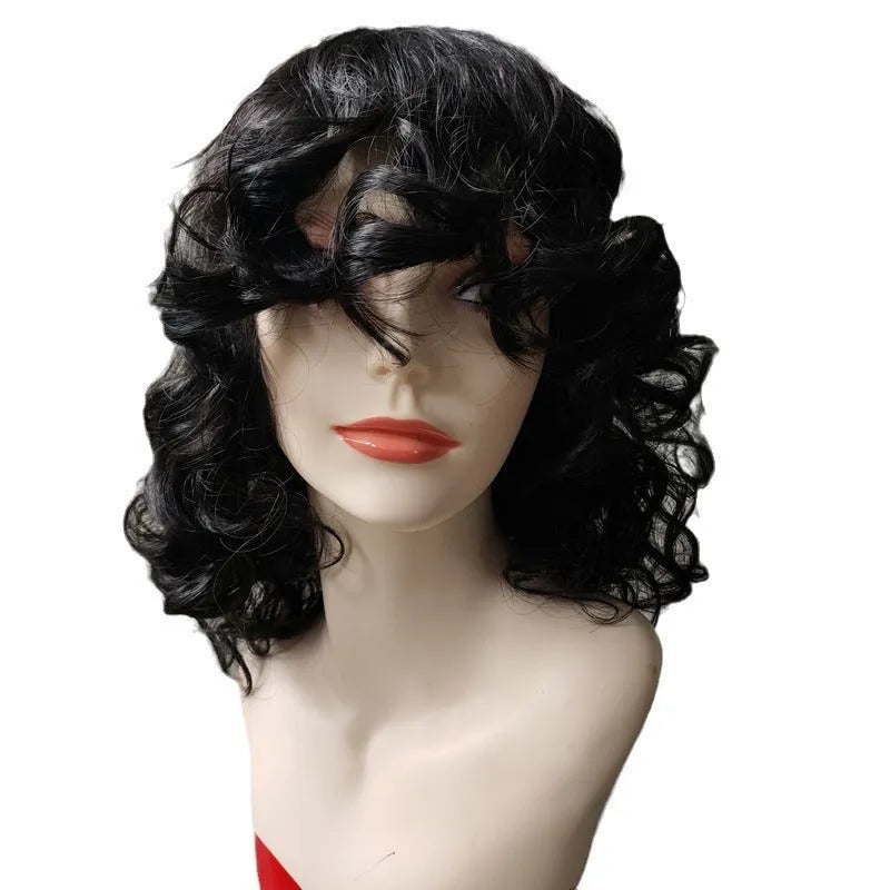 Women's black long curly Afro wig made from synthetic high temperature fibre for all face types