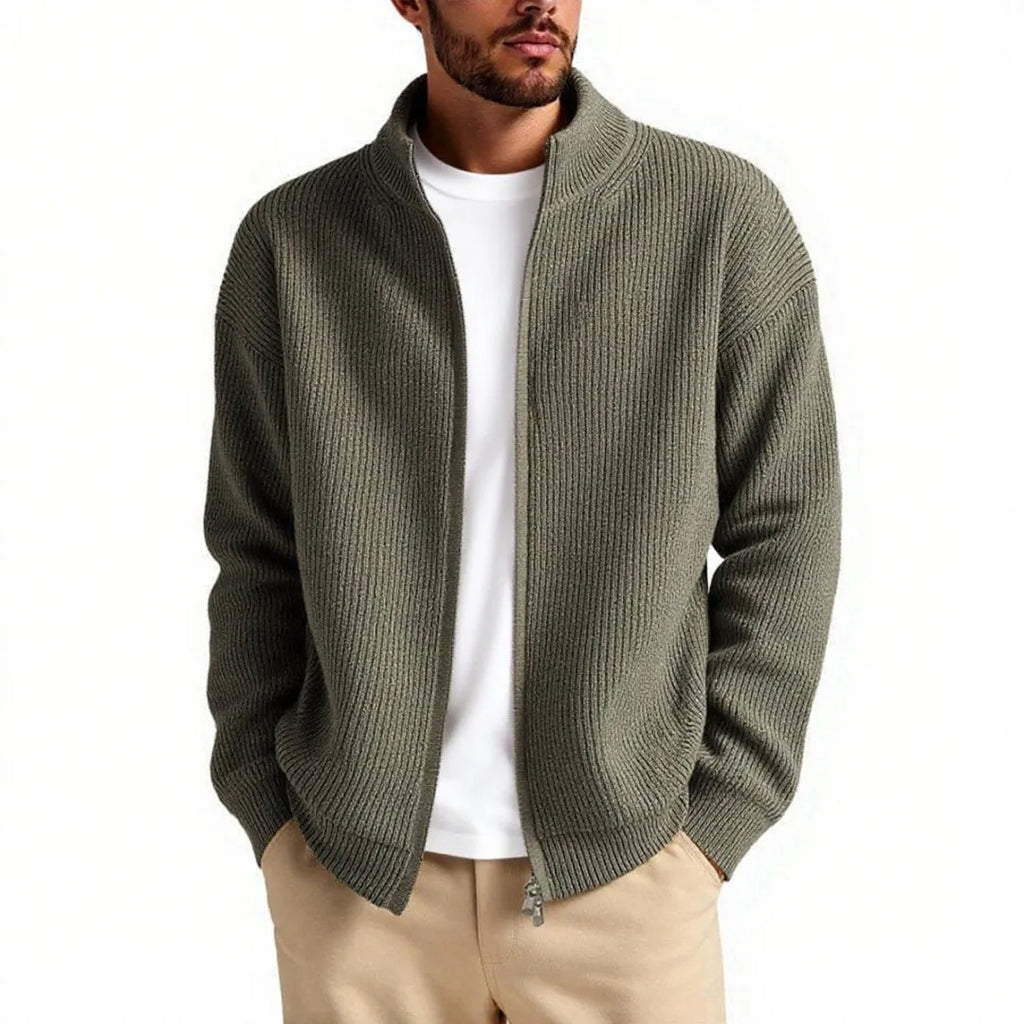 Men's loose fit cardigan sweater coat in acrylic blend fabric showing colour options