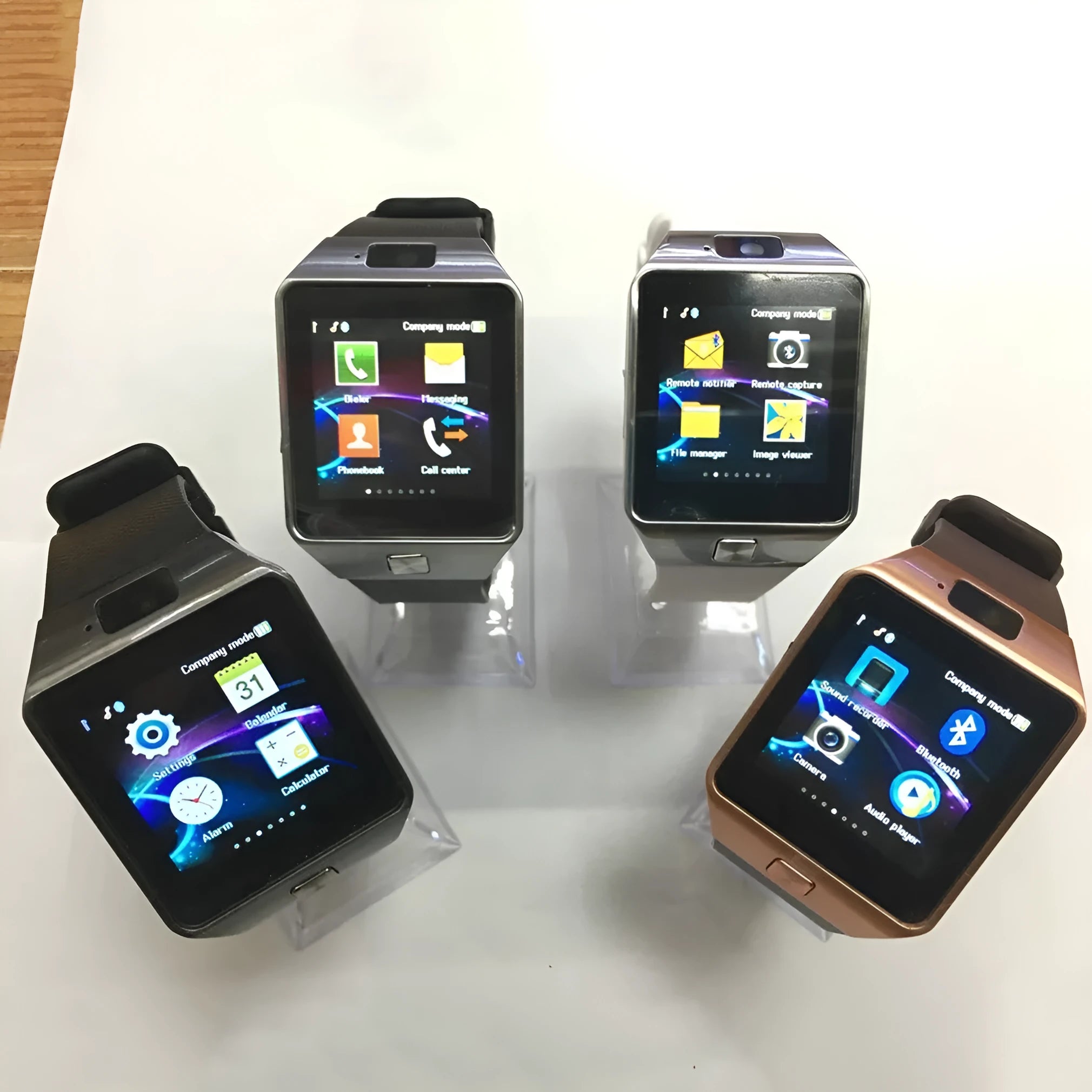 Bluetooth smart watch with 1.54 inch TFT screen, black silicone sporty strap on wrist, showing display