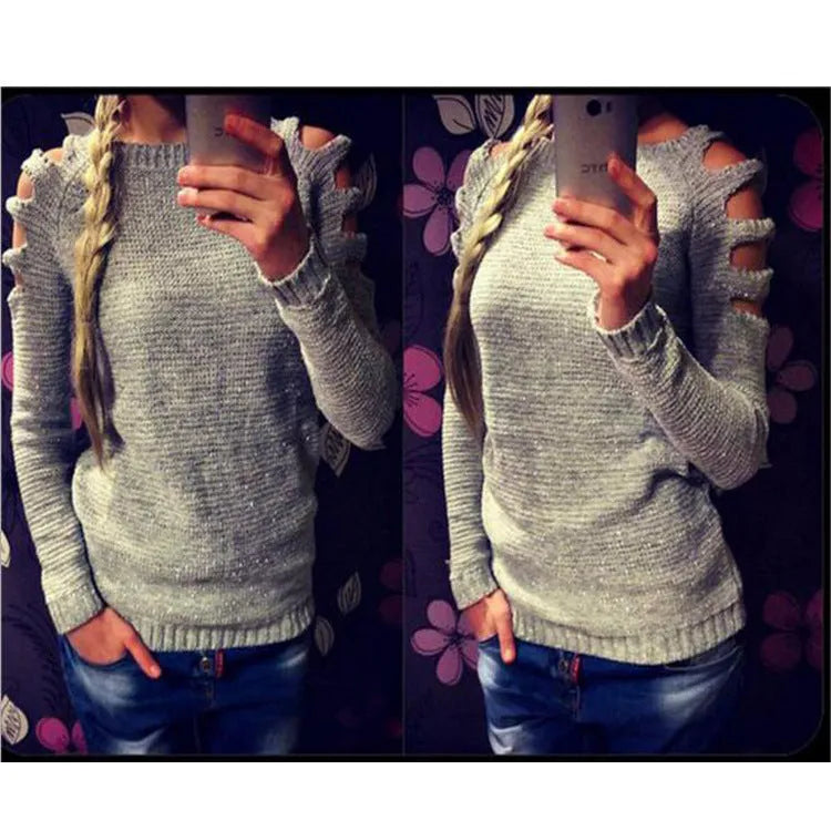 Women's grey crochet knit shirt with hollow-out detail on sleeves and body, round neck, long sleeves