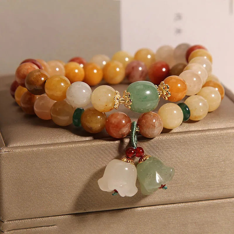 Natural jade multi-layer bracelet for women with orchid pendant on elasticated cord