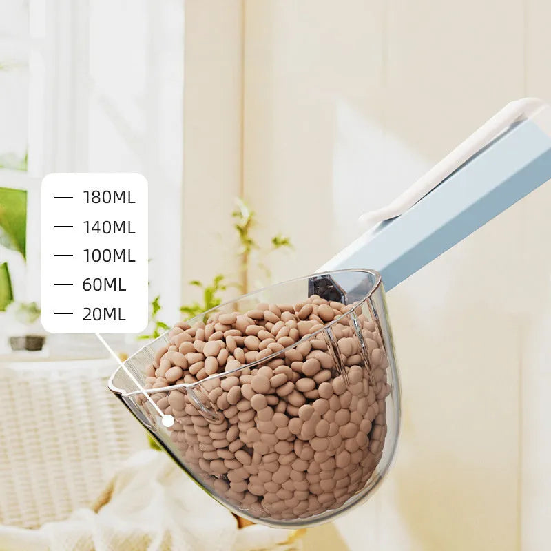 Pet food spoon with clip, plastic scoop for dogs and cats, blue colour