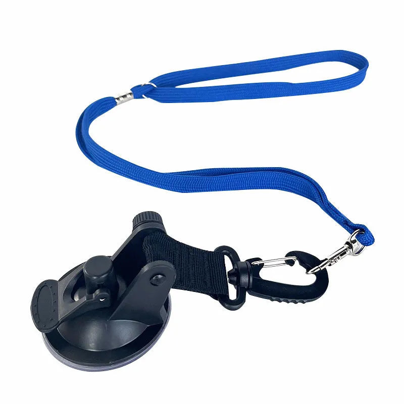 Pet bathing restraint kit showing four adjustable handcuffs with suction cup bases in black and blue colours
