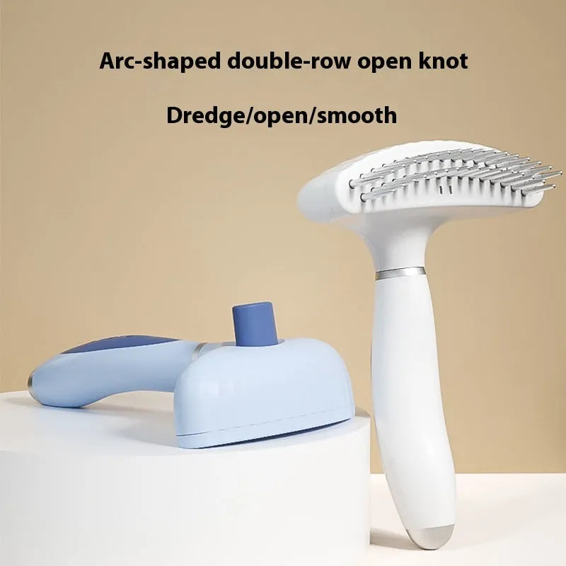 Stainless steel dog grooming comb with double-row teeth in azure light blue colour