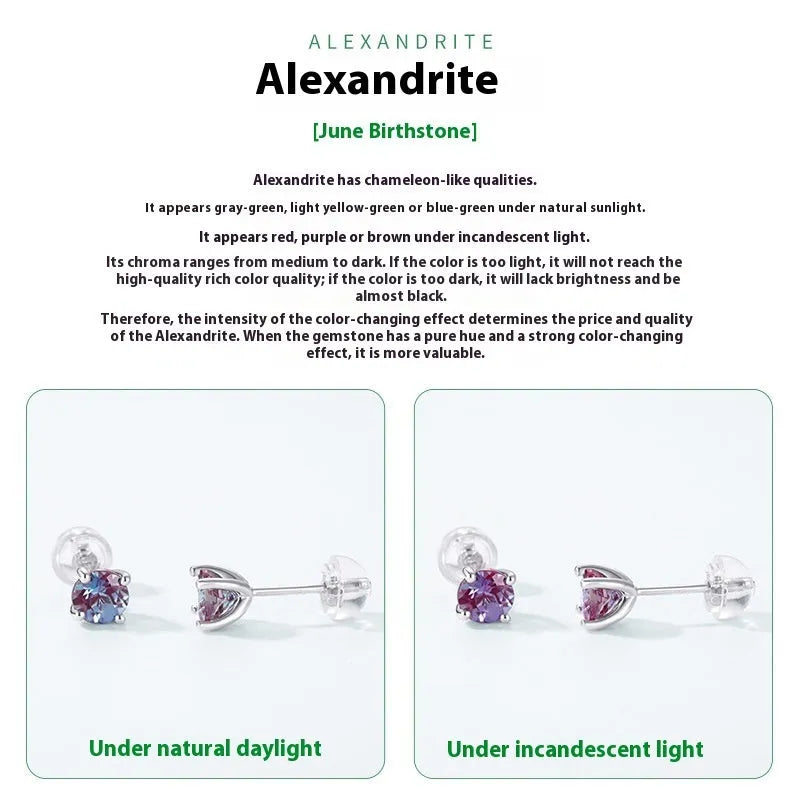 925 silver ear studs with cultivated Alexandrite stone in geometric round shape