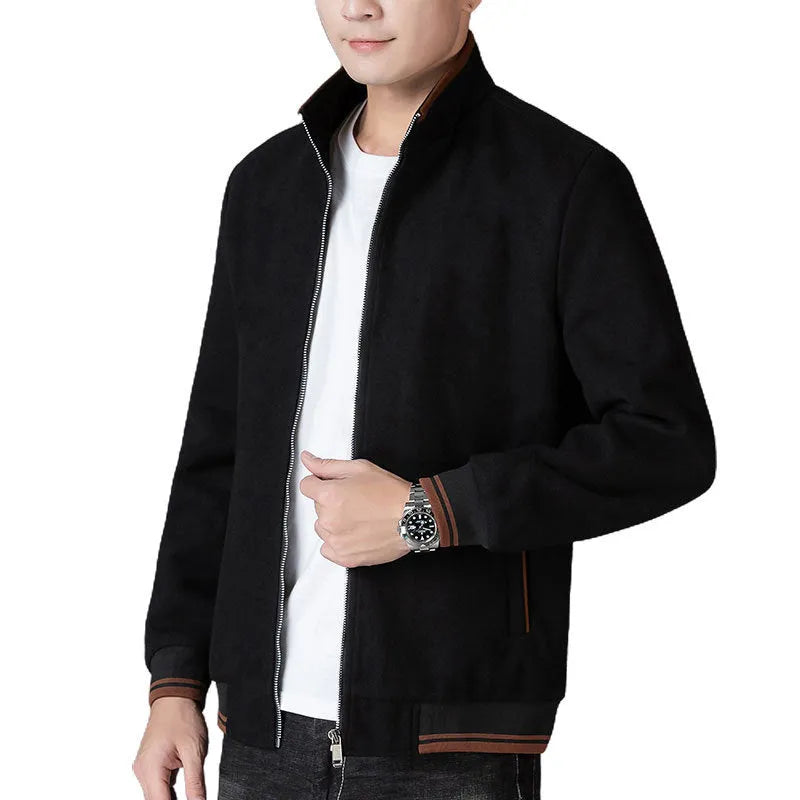 Men's grey polyester fleece autumn jacket with zip pockets, shown on a hanger.