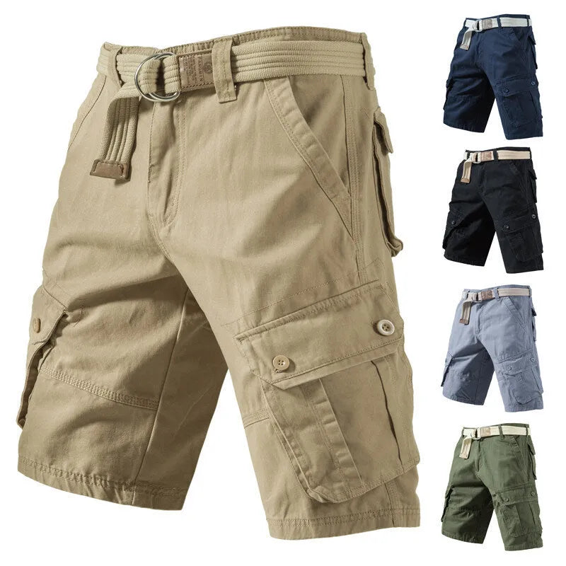 Solid summer cargo shorts for men, loose fit with pockets, cotton polyester blend, available in five colours