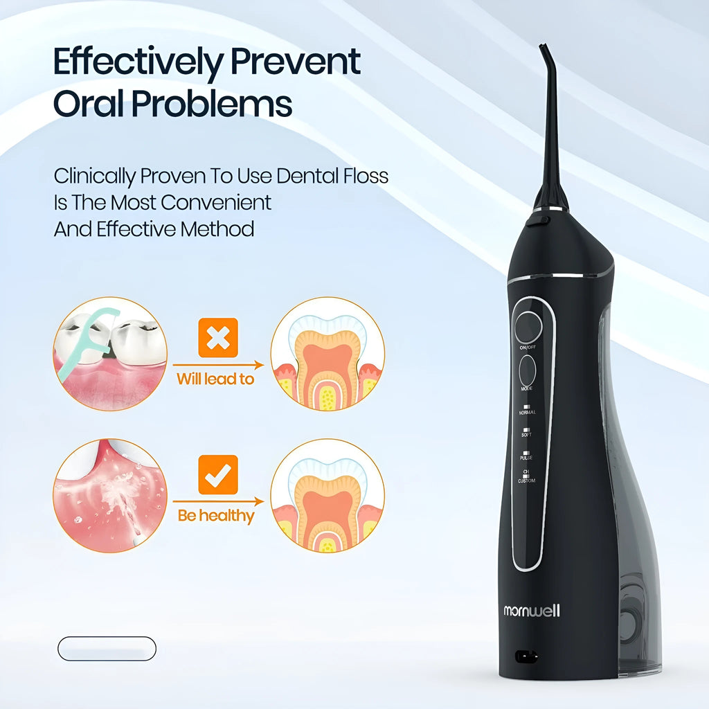 Portable electric water pick oral irrigator in black with rechargeable battery for adult home use