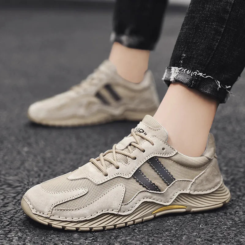 Men's low-top lace-up hiking boots with pigskin upper and platform sole, sand colour