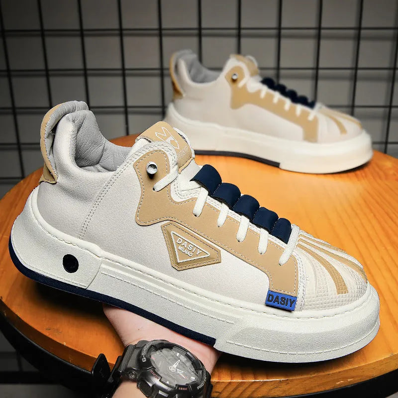 Men's beige and black low-top sneakers with elastic band and mesh lining