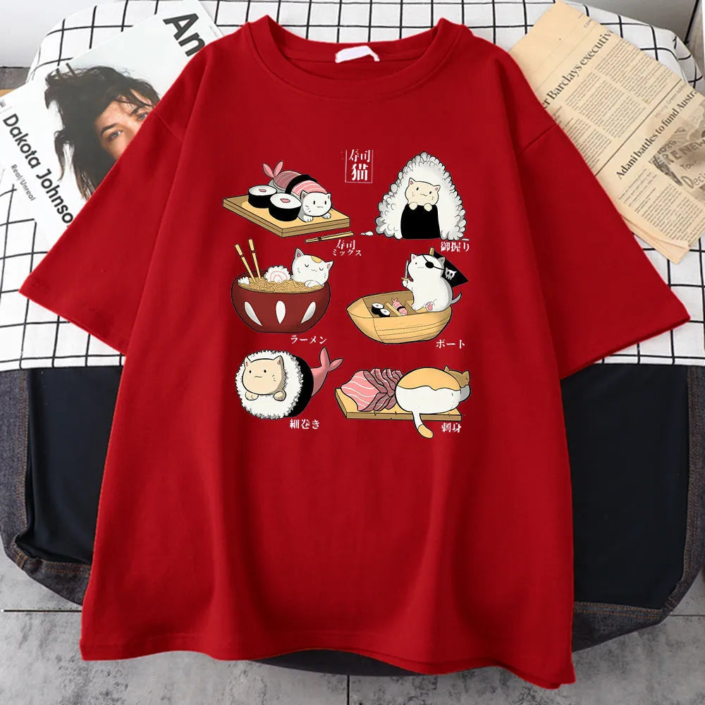 Men's loose fit cotton t-shirt with cartoon cat and sushi print in assorted colours.