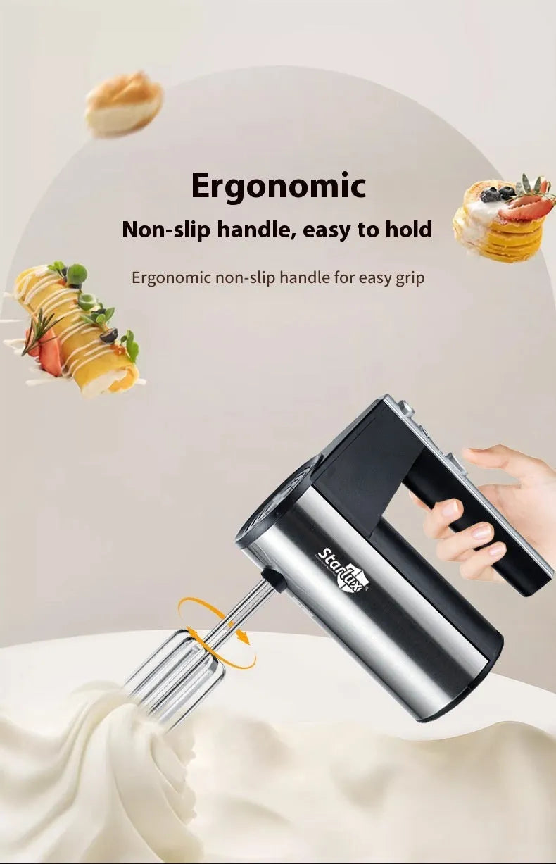 Handheld electric mixer with 500W power and five speed settings for baking preparation