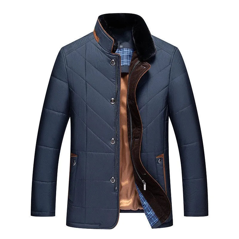 Men's dark blue winter short cotton-padded coat with side seam pockets on a size chart