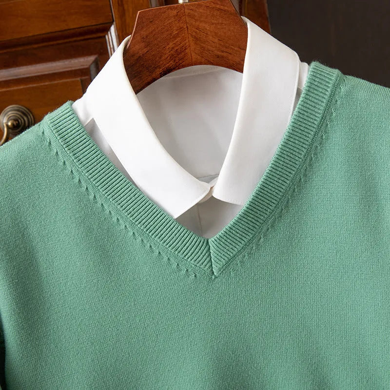 Men's V-neck knitted sweater in viscose blend, ribbed hem, available in multiple colours including grey and navy