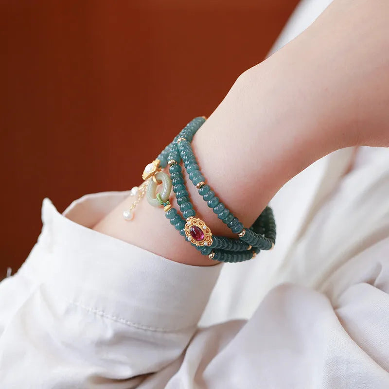 Natural blue water jade abacus beads bracelet with tourmaline and pearl three rings design, beads under 4mm