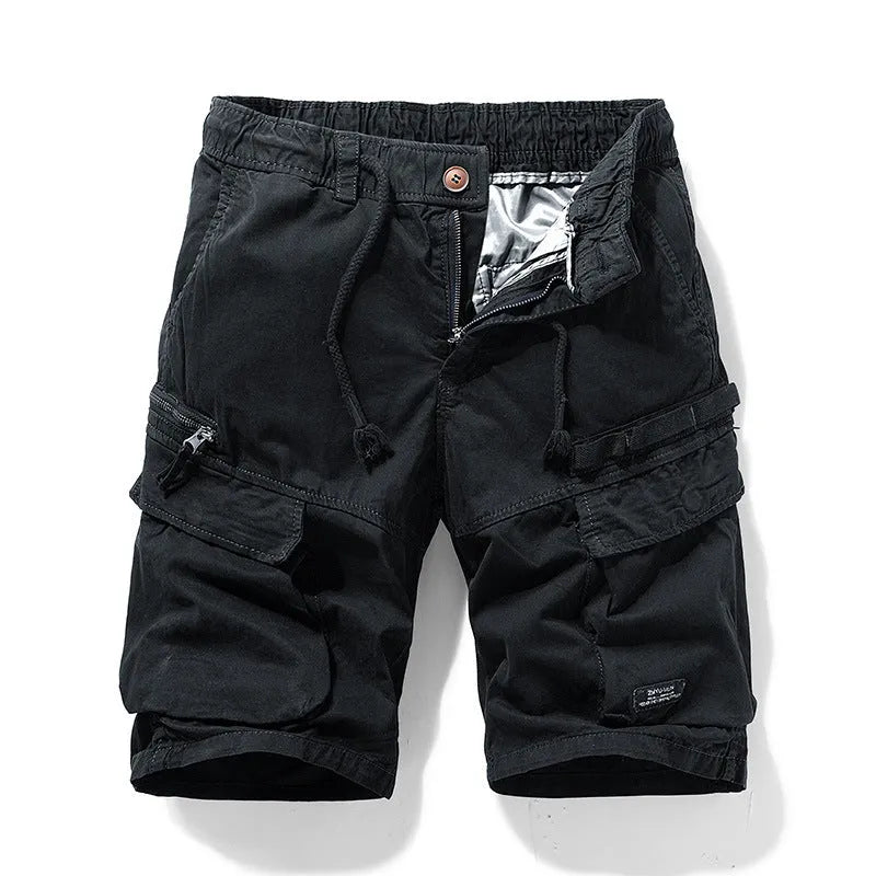 Men's Korean-style cotton shorts with zipper and multiple pockets in Army Green colour