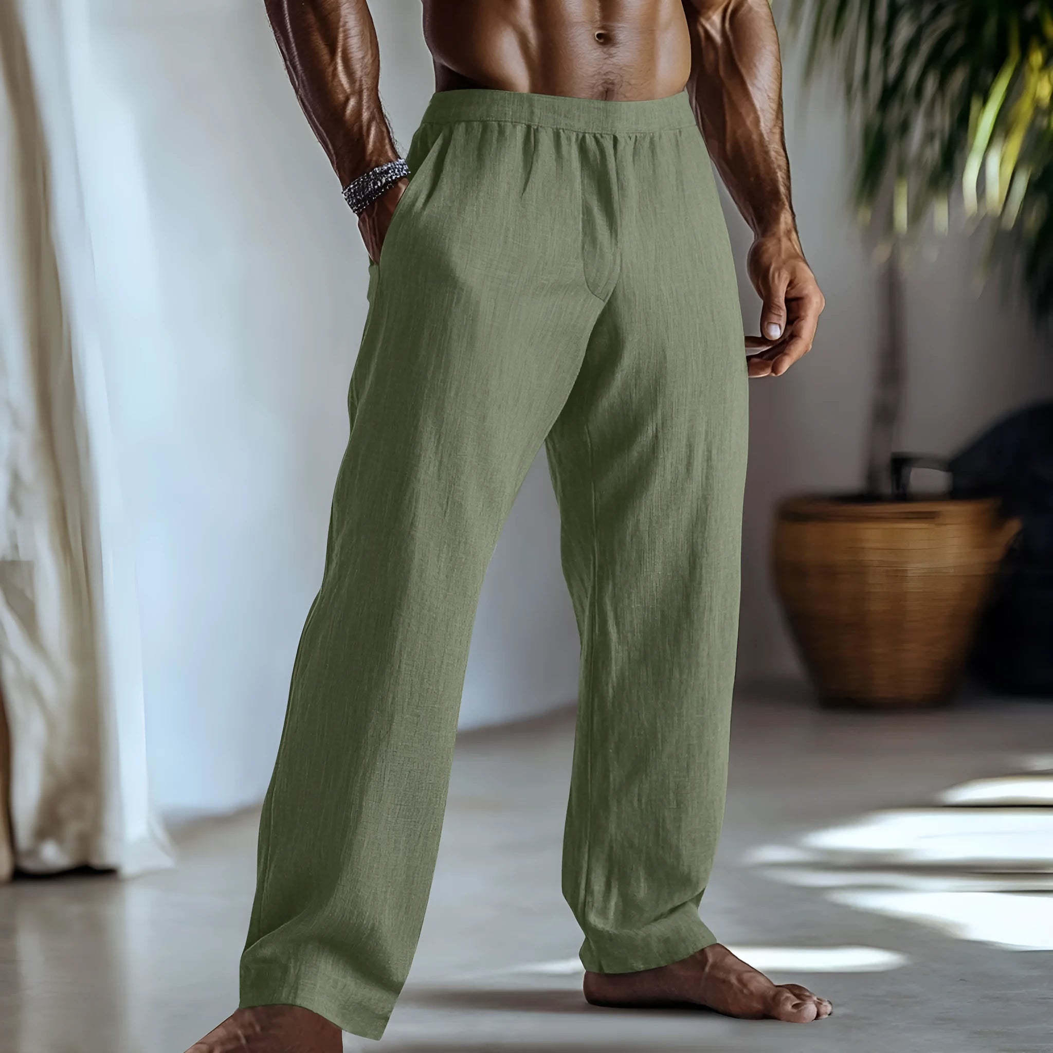 Cotton and linen straight-leg trousers in British style with side pockets available in multiple colours