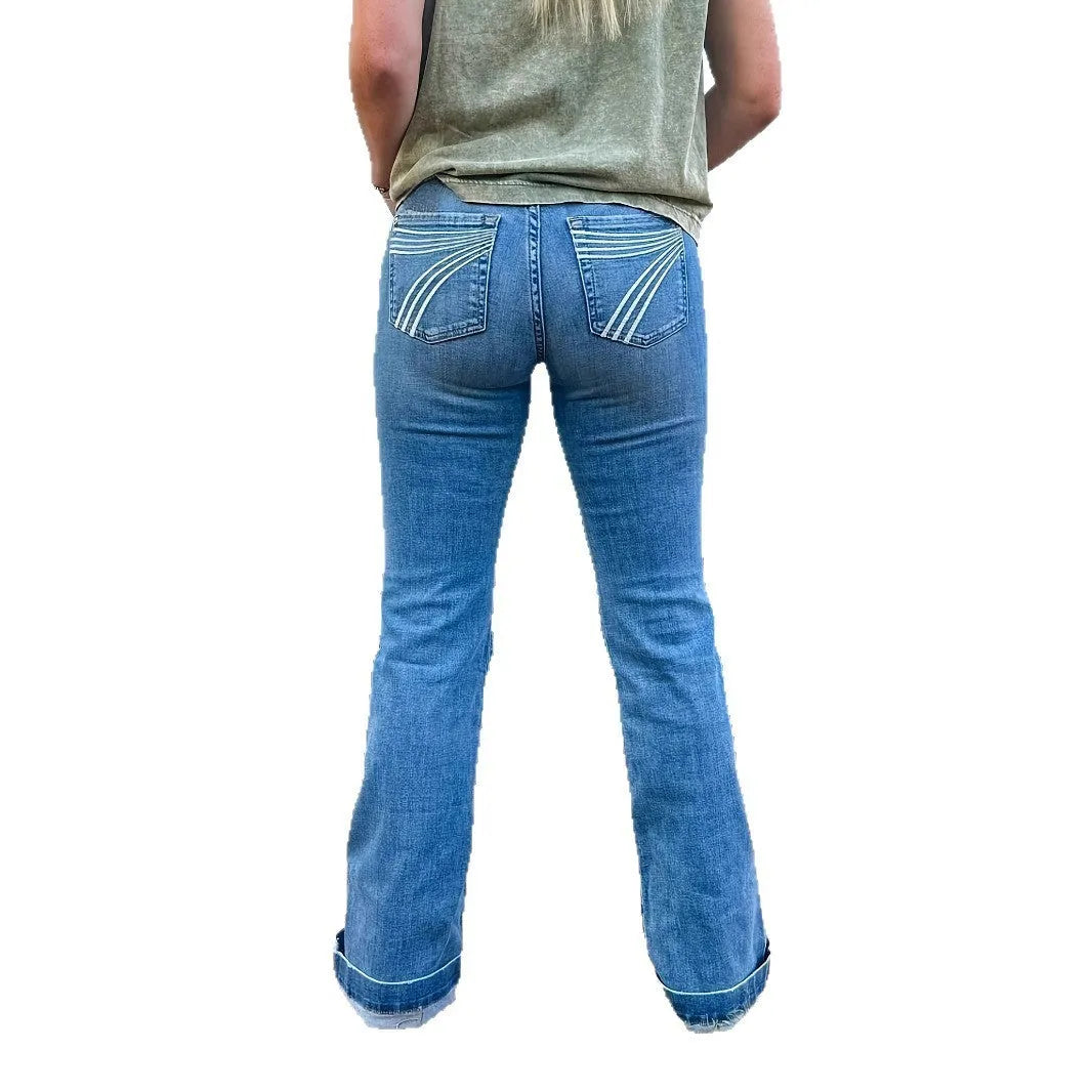 Slim fit elastic mid-waist slightly flared jeans with embroidery detailing in cotton denim