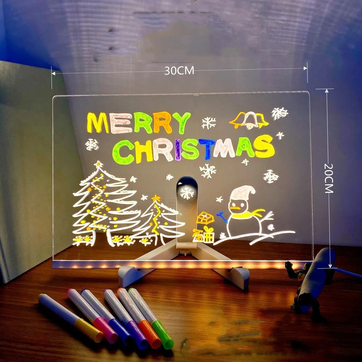 Acrylic DIY note board LED night light showing a transparent board with written messages, USB power, and bracket setup