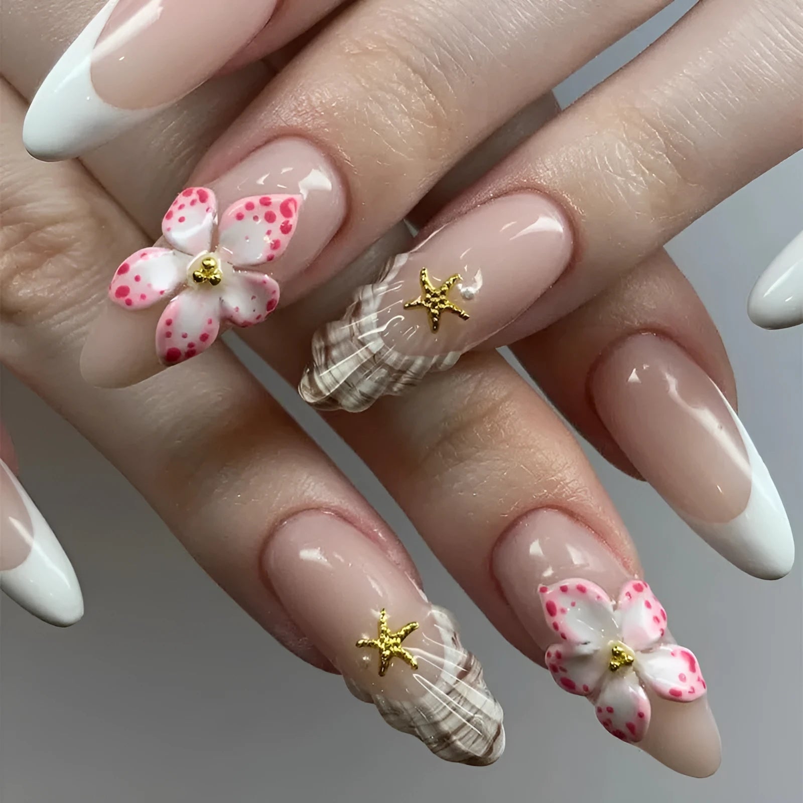 Flower French style fake nails with rock pattern patch in W1764 simple flower colour