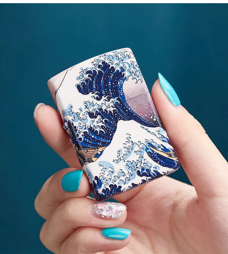 Colored lacquer windproof lighter with Kanagawa surf design, steel inner liner, copper housing, 58x39mm