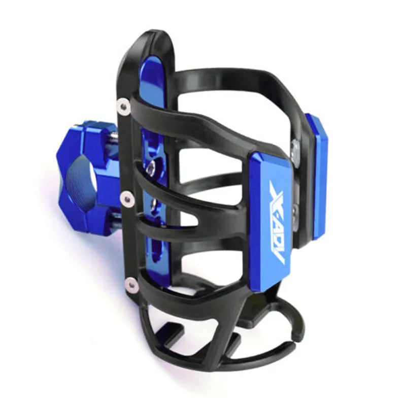 Modified black water bottle cage mounted on a Honda X-ADV scooter bumper.