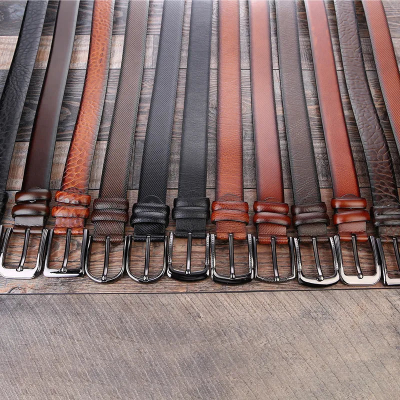 Men's belt with alloy pin buckle, imitation leather strap, elephant pattern black, electroplated finish