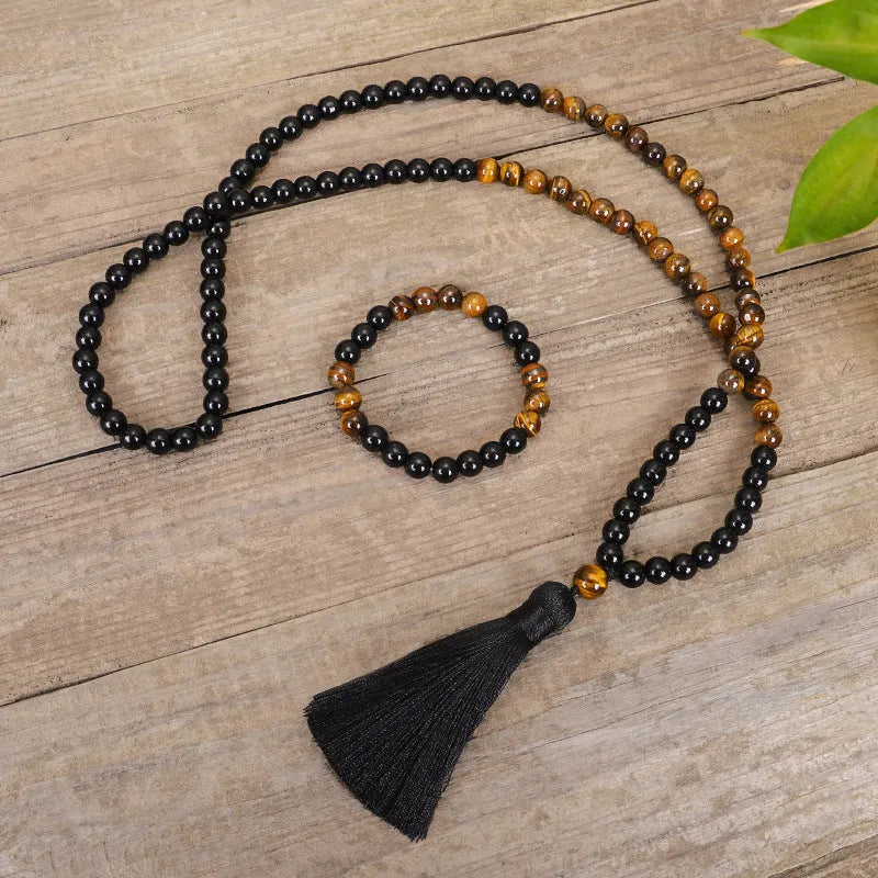 Vintage tiger eye stone drop shape tassel pendant on ball bead chain necklace