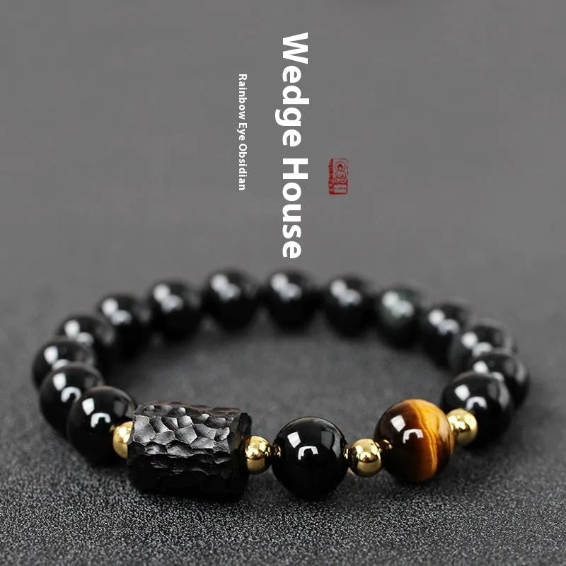 Unisex obsidian bracelet with 10mm round tiger eye beads in yellow, handcrafted retro style