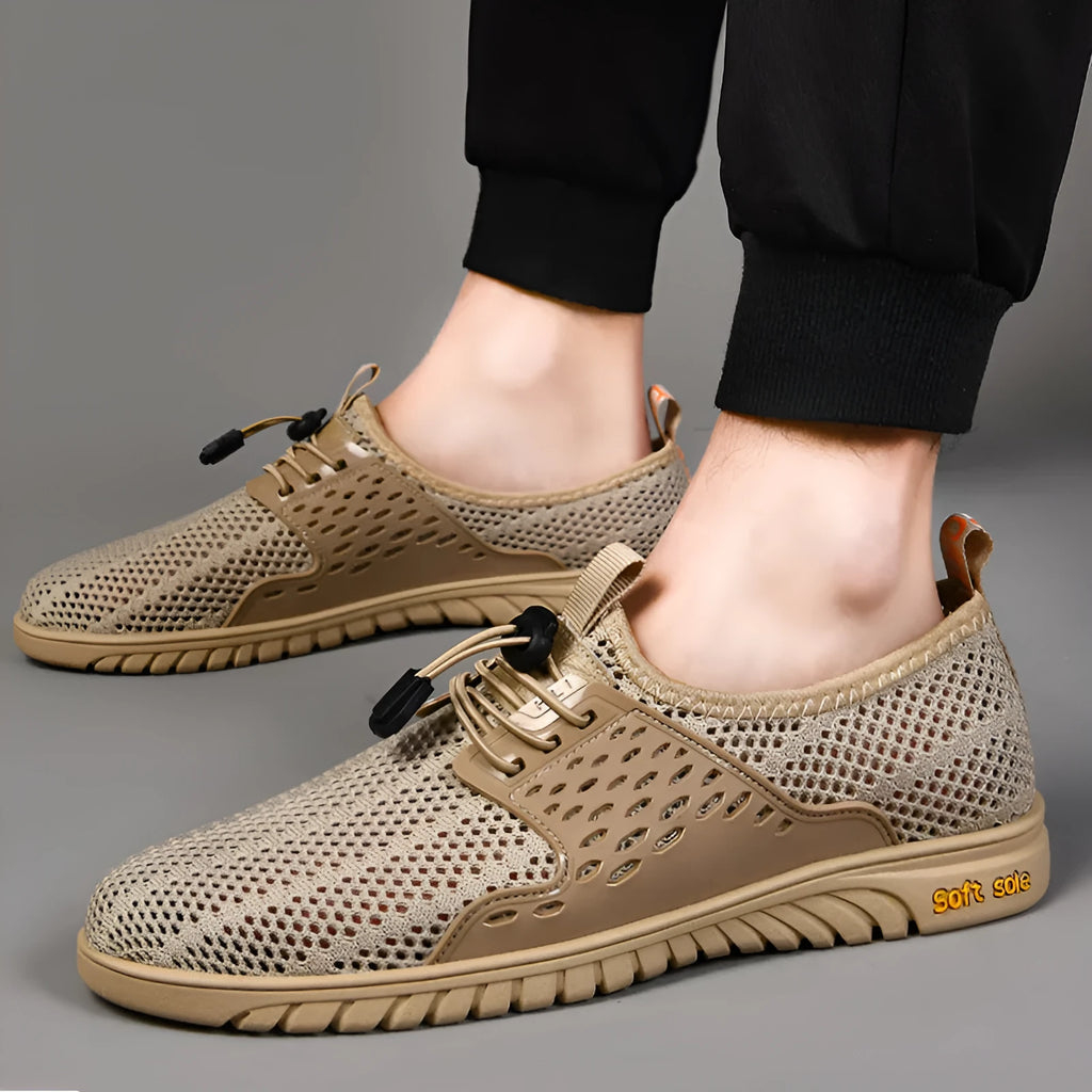 Men's breathable mesh casual shoes with elastic band closure in black, grey or sand colour