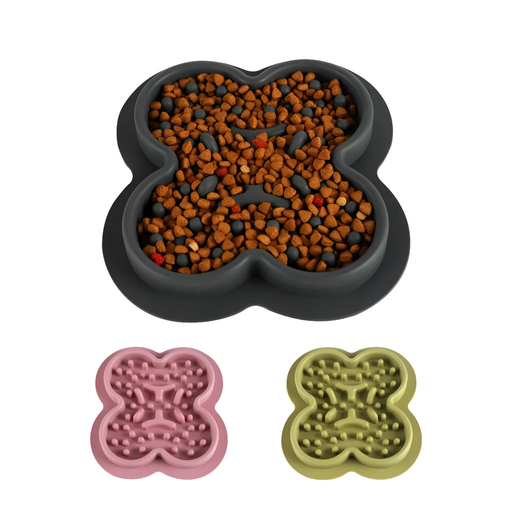 Silicone pet licking pad with textured ridges and non-slip base in assorted colours