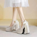 Waterproof platform women's thick heel red wedding shoes with chunky heel and buckle detail