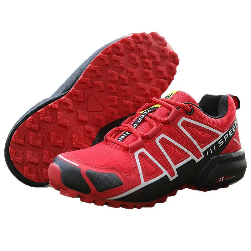 Off-road outdoor climbing boots with non-slip rubber sole and mesh fabric upper, available in purple and gray