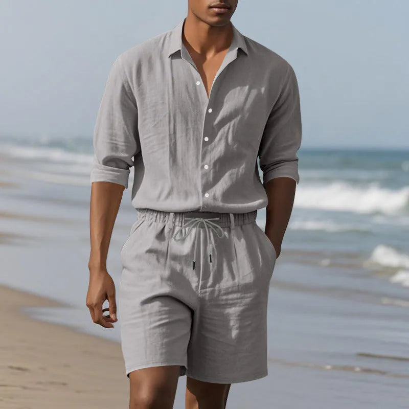 Men's linen long sleeve shirt and shorts beach suit set in light blue colour