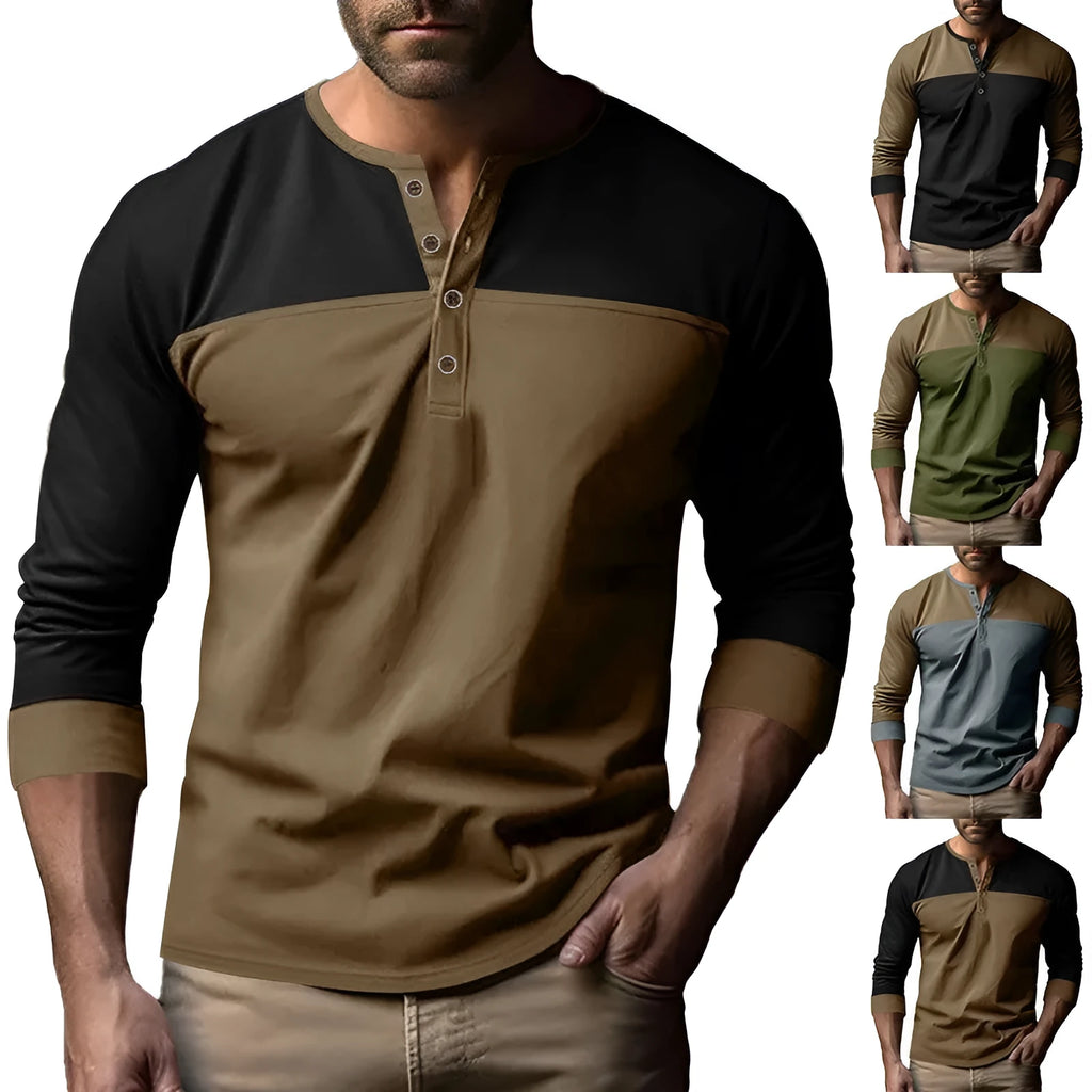 Long-sleeve Henry collar casual shirt with colour matching design in beaded twill fabric