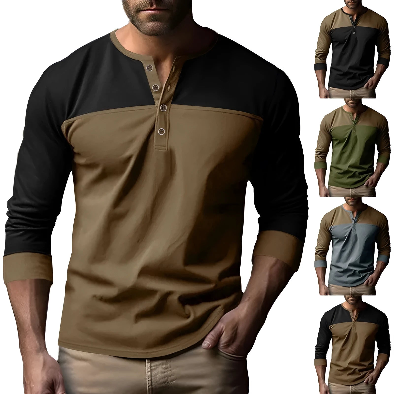 Long-sleeve Henry collar casual shirt with colour matching design in beaded twill fabric