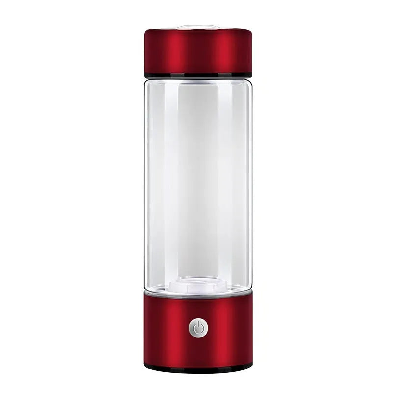 Hydrogen water bottle in silver with electric base, borosilicate glass body, 21.5cm tall, 401-500ml capacity