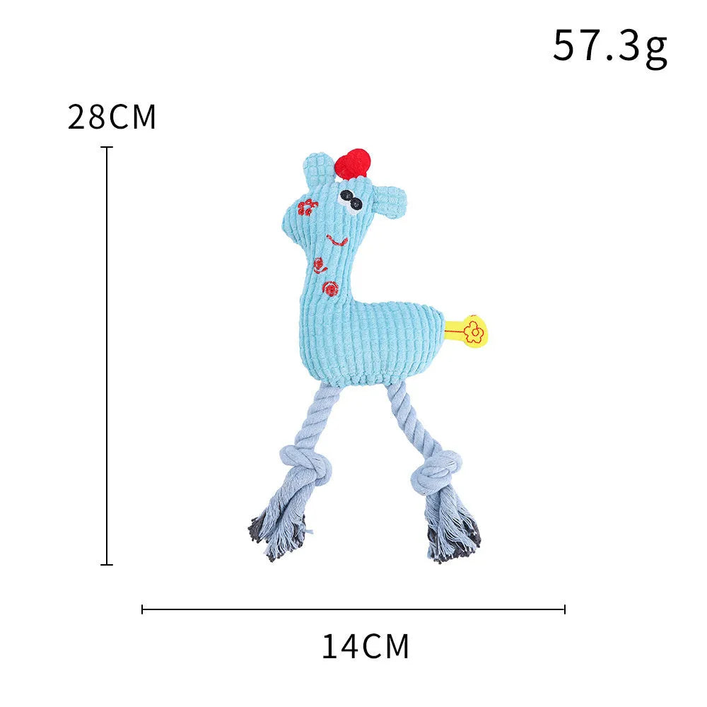 Blue deer shaped plush dog toy with corn grain texture and squeaker