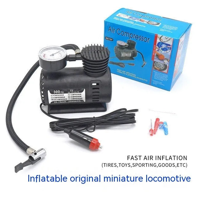 12V mini car tyre air pump, black plastic, 13.5 x 12 x 7 cm
