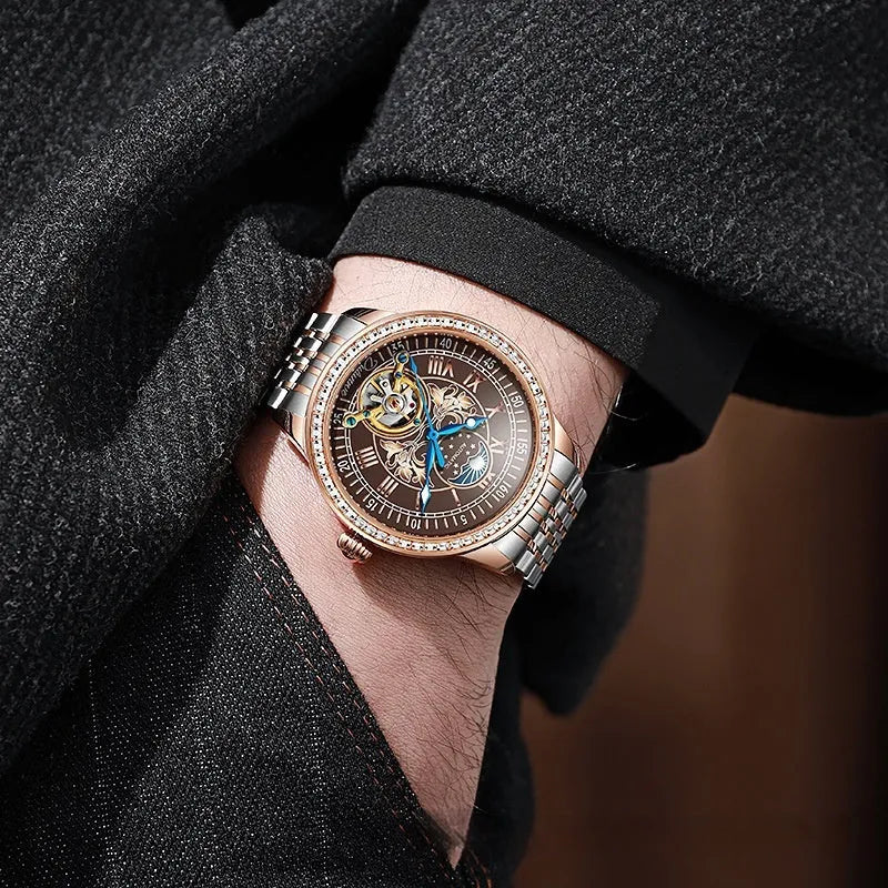 Stainless steel mechanical watch with round dial, transparent case back, and butterfly buckle