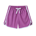 Children's polyester casual shorts in multiple colours and patterns including stripes, leopard print, and floral designs.