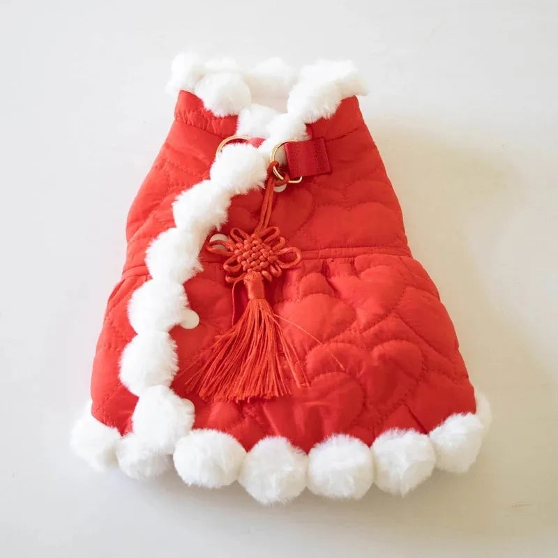 Red Chinese-style pet clothing with fur collar and Chinese knot for autumn winter for dogs and cats